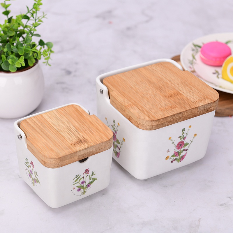 Ceramic blue flower salt sugar tea coffee canister with bamboo lid