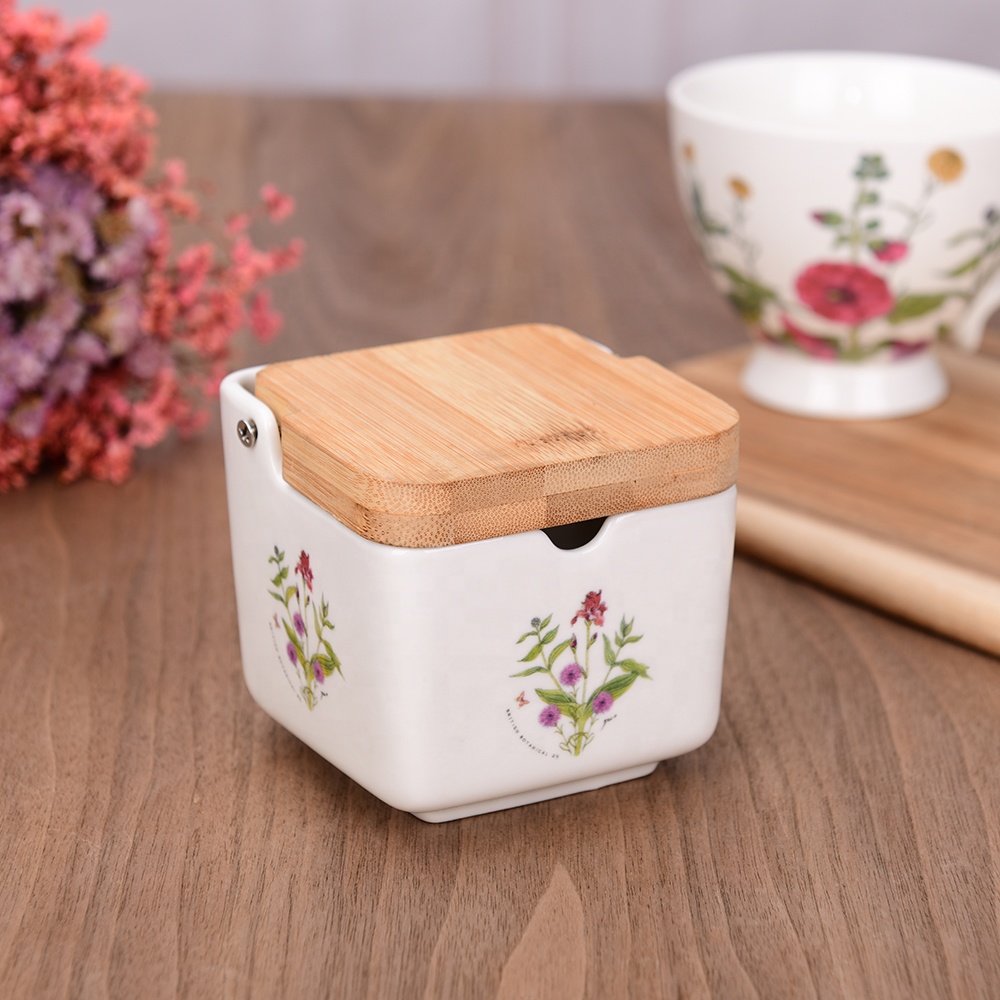 Ceramic blue flower salt sugar tea coffee canister with bamboo lid