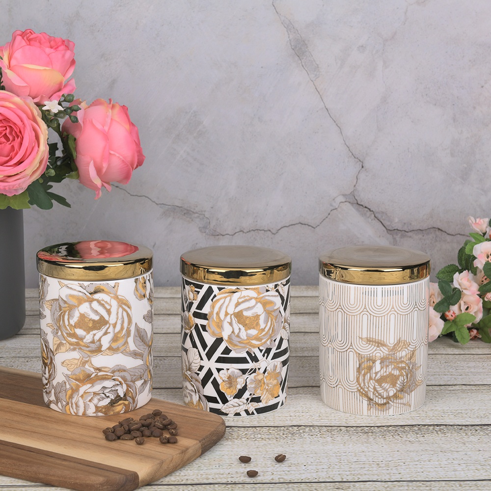 Ceramic gold luxury kitchen canister with lid for sugar tea coffee storage