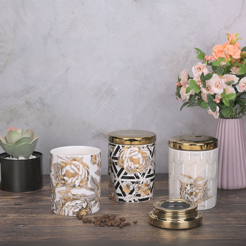 Ceramic gold luxury kitchen canister with lid for sugar tea coffee storage