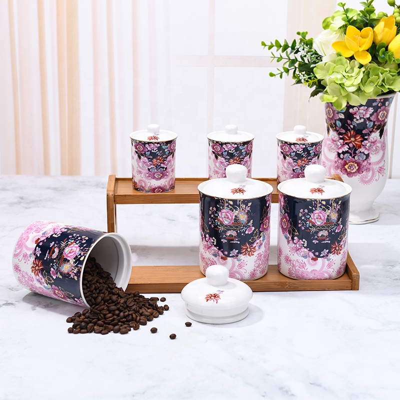Ceramic round kitchen canister set coffee tea sugar storage airtight canisters