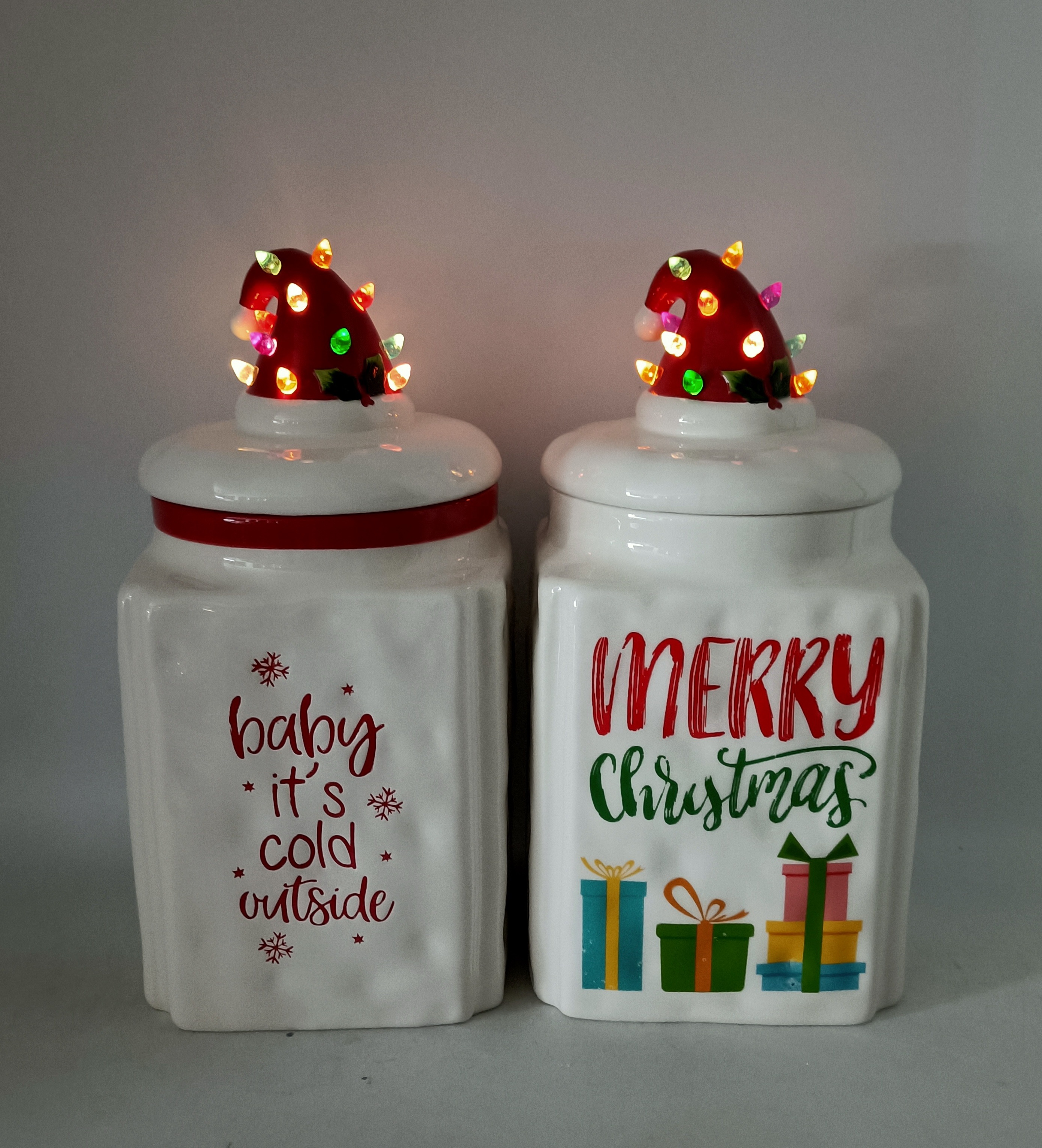 Ceramic storage jar with led lighted holiday tree cover