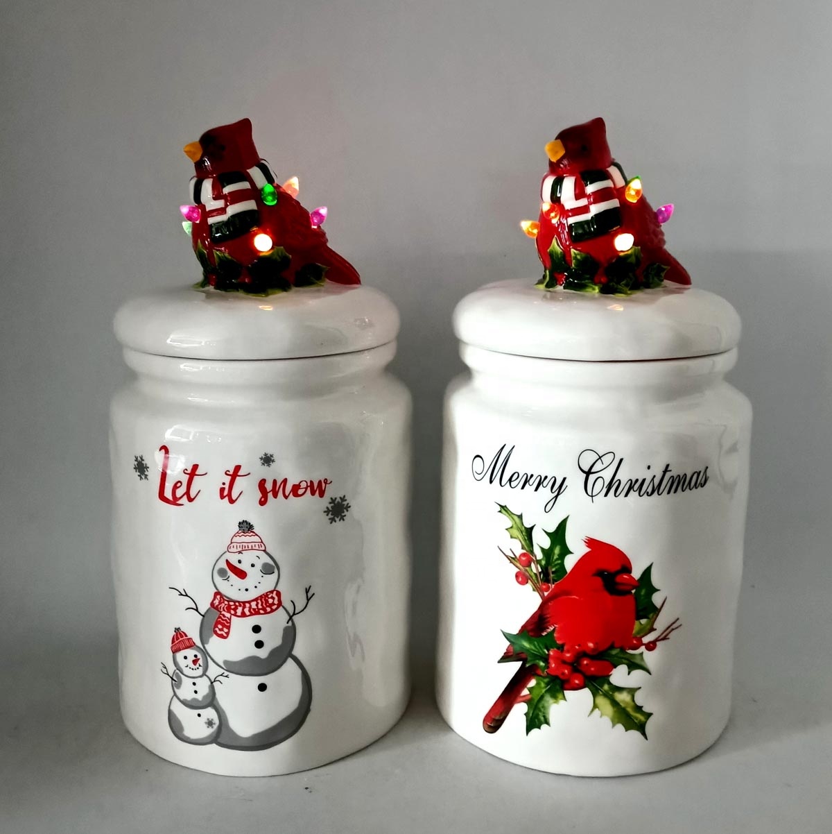 Ceramic storage jar with led lighted holiday tree cover