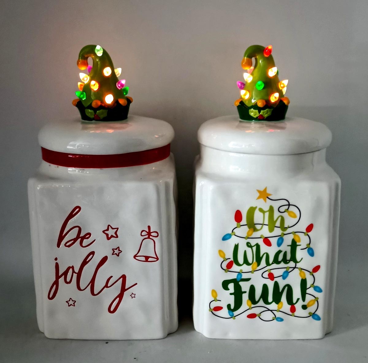 Ceramic storage jar with led lighted holiday tree cover