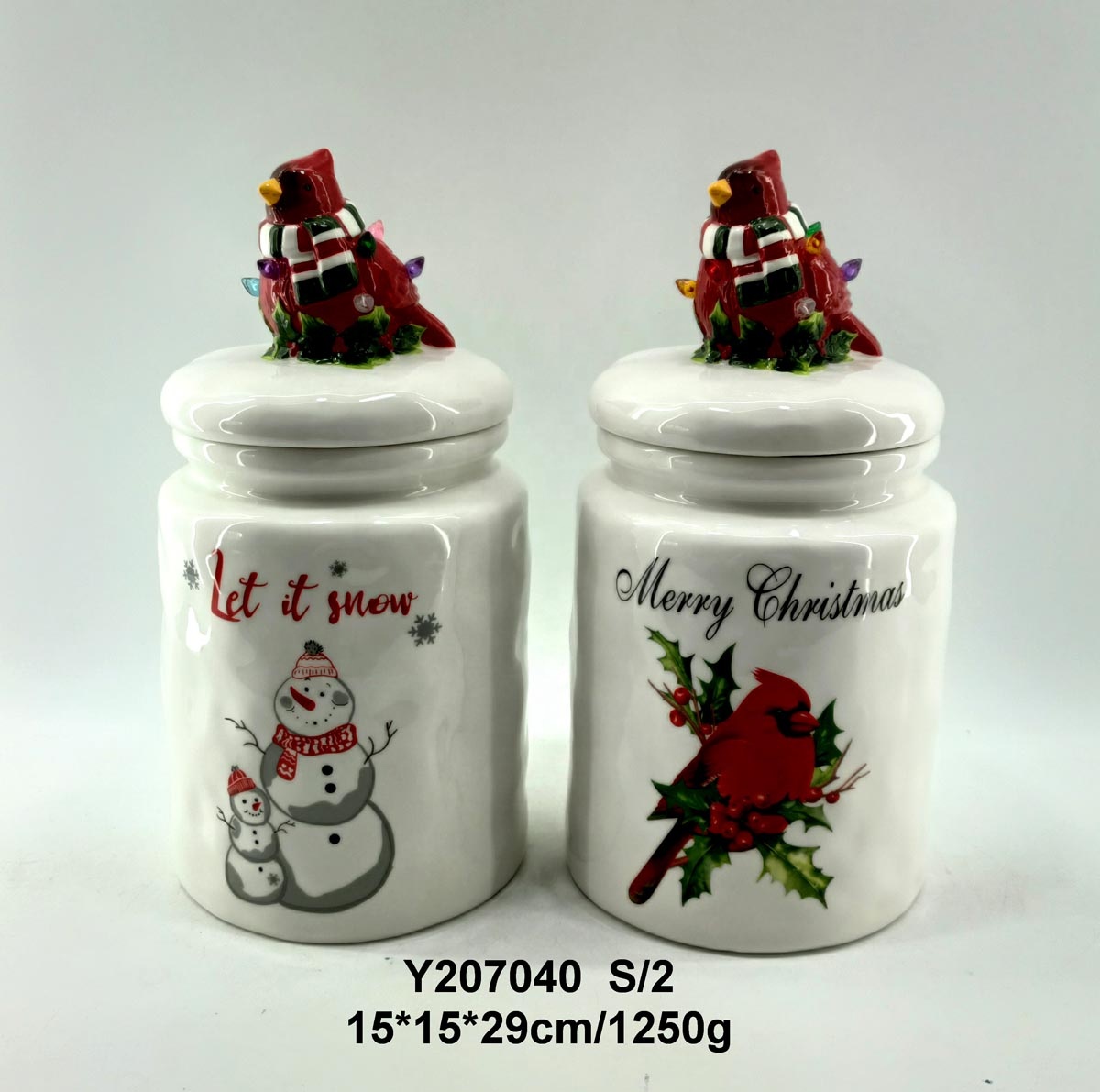 Ceramic storage jar with led lighted red bird lid