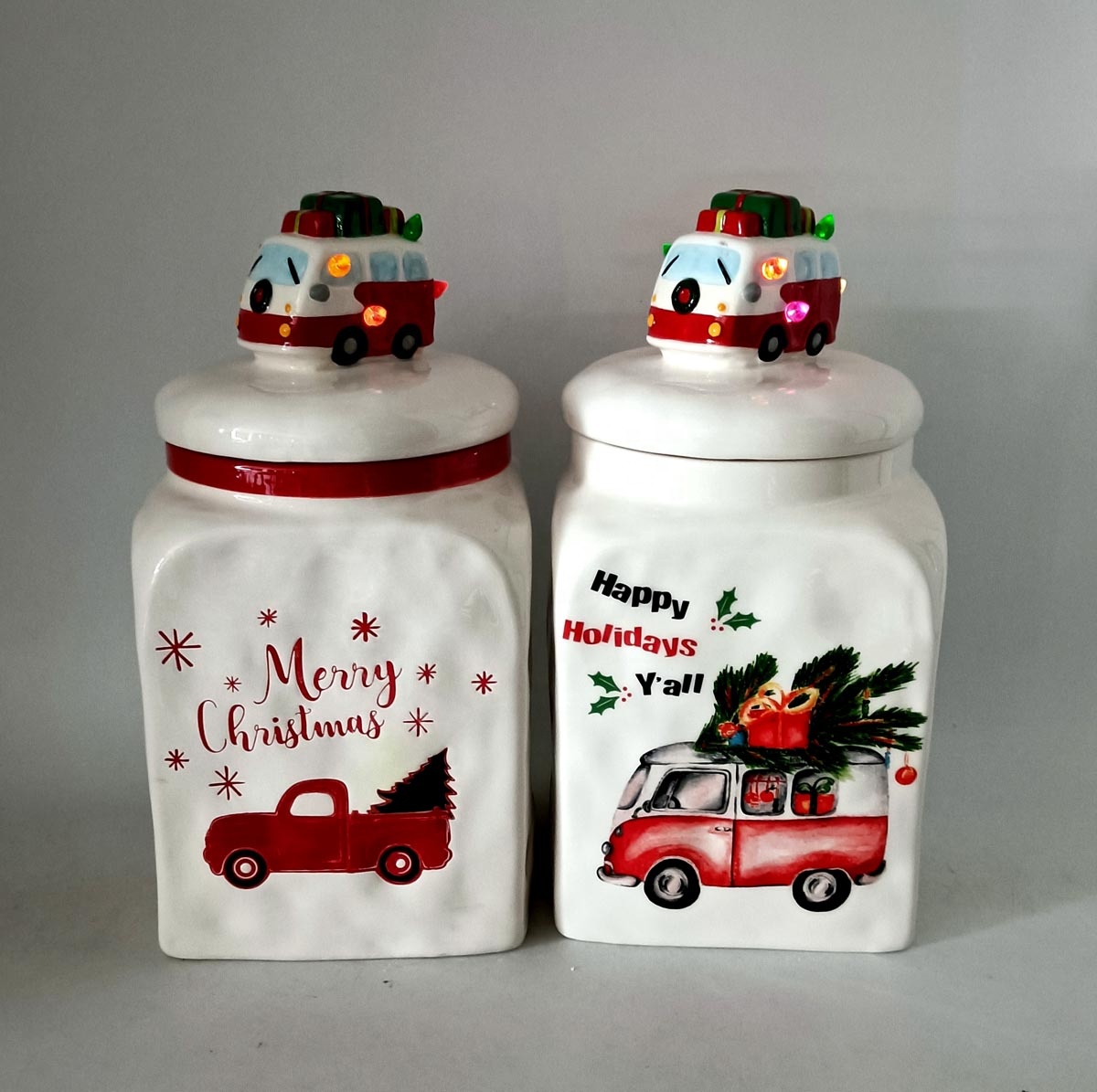 Ceramic storage jar with led lighted red bird lid