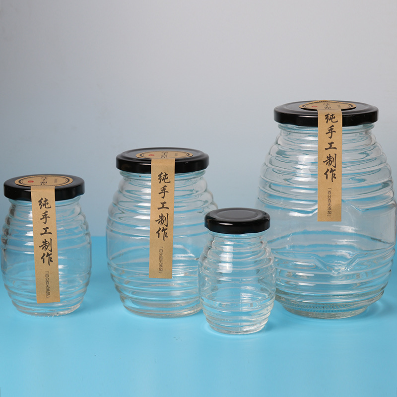 Cheap 250ml 500ml round clear empty honey jam glass jar storage food glass bottle for pickle chutney with black metal lids