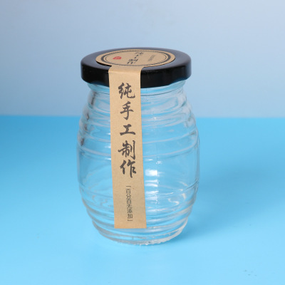 Cheap 250ml 500ml round clear empty honey jam glass jar storage food glass bottle for pickle chutney with black metal lids