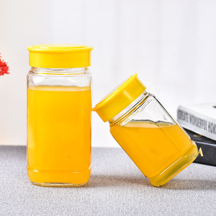 Cheap 500g square honey chilli glass jar for jam hot sauce bottle clear empty glass food storage jar with plastic lids in stock