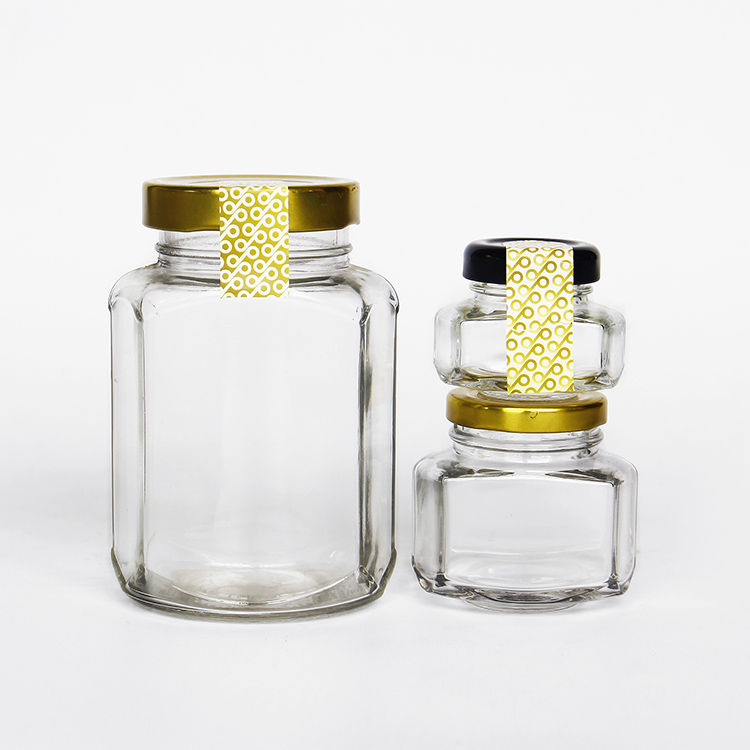 Cheap Clear 60g 150g 250g 380g 520g gram honey jars Oval Hex Jam Glass Jar With Screw Lid For Honey Jelly Candy for sale