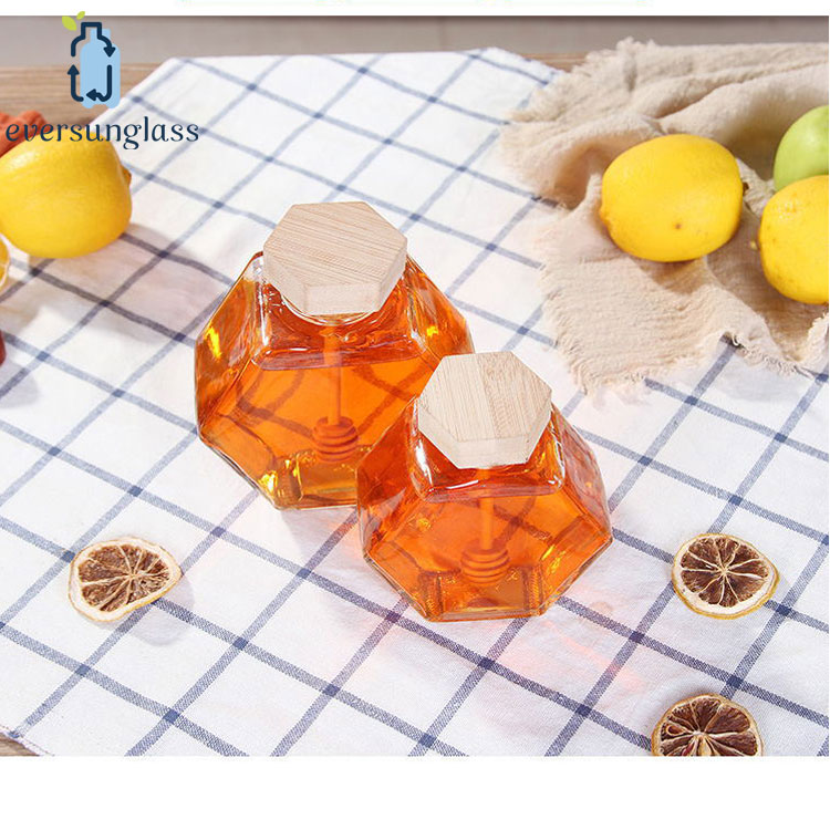 Cheap Glass Honey Pot Hexagon Glass Honey Jar With Wooden Dipper Wedding Favors