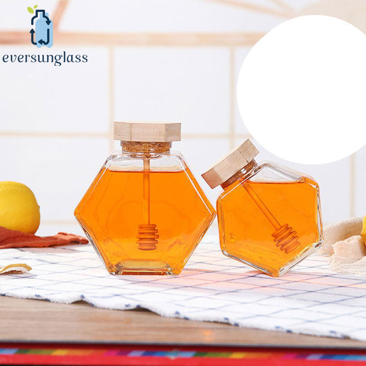 Cheap Glass Honey Pot Hexagon Glass Honey Jar With Wooden Dipper Wedding Favors