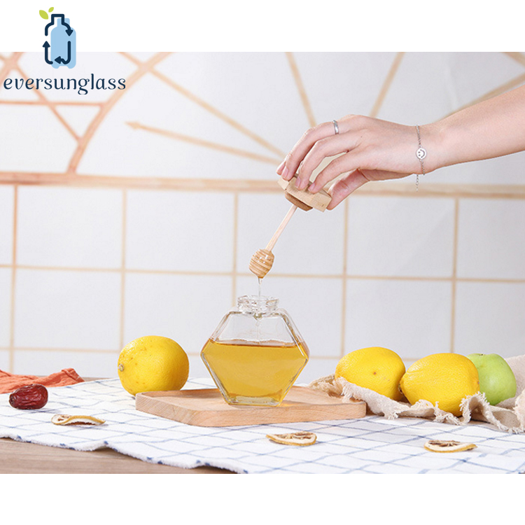 Cheap Glass Honey Pot Hexagon Glass Honey Jar With Wooden Dipper Wedding Favors