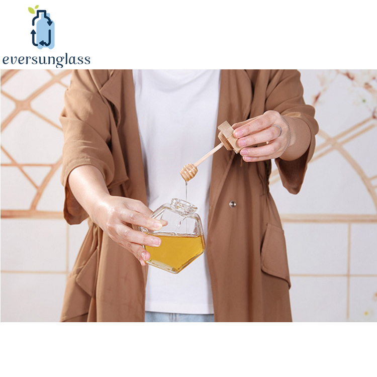 Cheap Glass Honey Pot Hexagon Glass Honey Jar With Wooden Dipper Wedding Favors