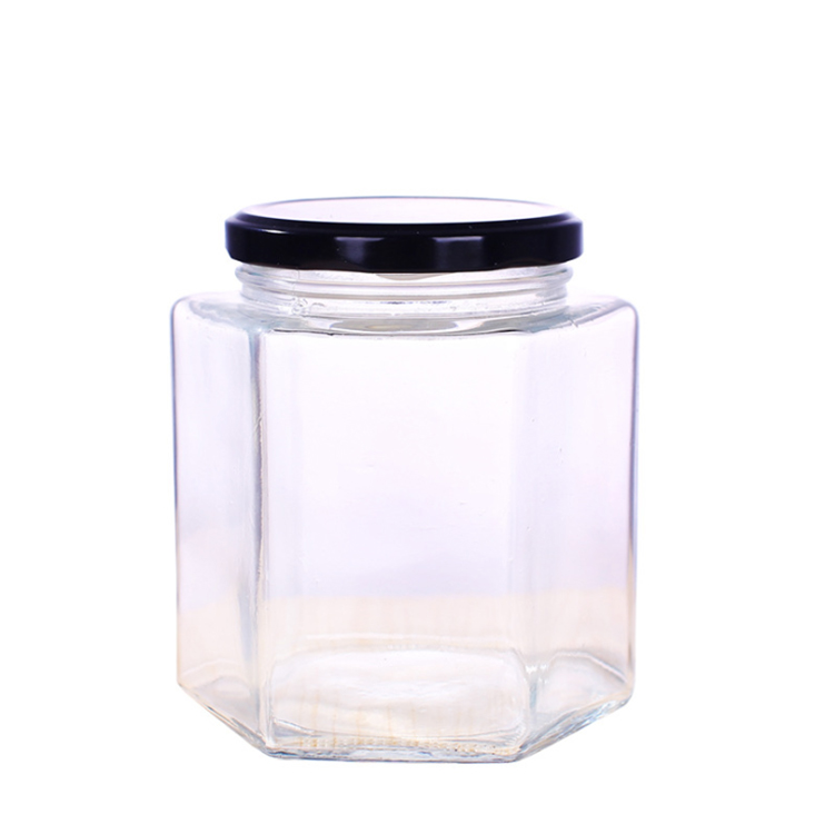 Cheap Price Transparent 380ml honey glass jars hexagon with black metal lid