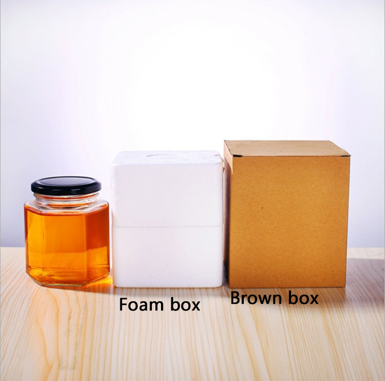 Cheap Price Transparent 380ml honey glass jars hexagon with black metal lid