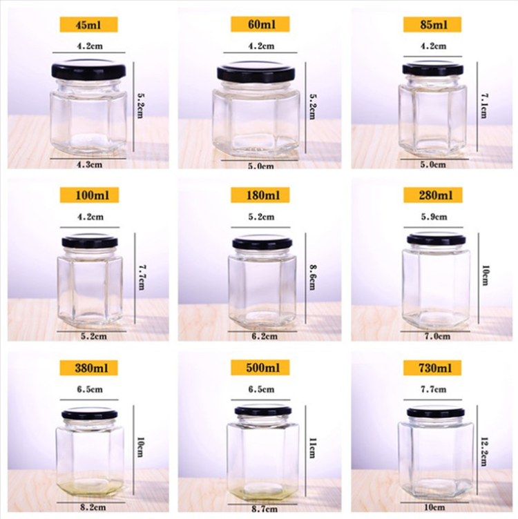 Cheap Price Transparent 380ml honey glass jars hexagon with black metal lid