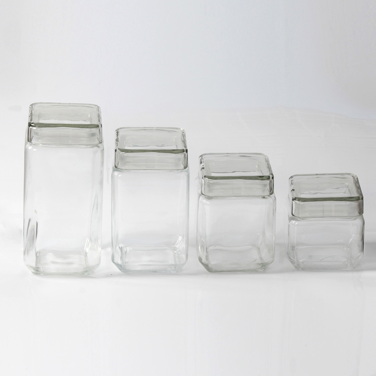 Cheap Square Carved Pattern Glass Food Storage Jar with Square Glass Cap for Kitchen Used