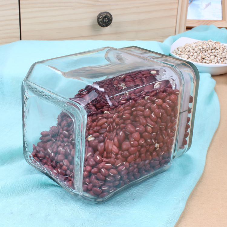 Cheap Square Carved Pattern Glass Food Storage Jar with Square Glass Cap for Kitchen Used