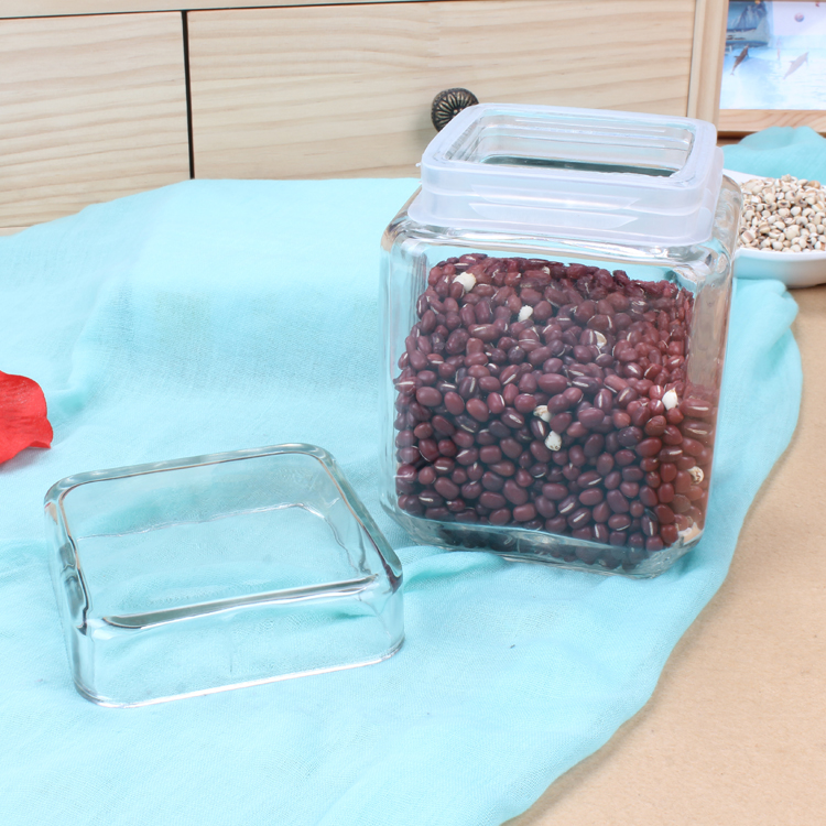 Cheap Square Carved Pattern Glass Food Storage Jar with Square Glass Cap for Kitchen Used