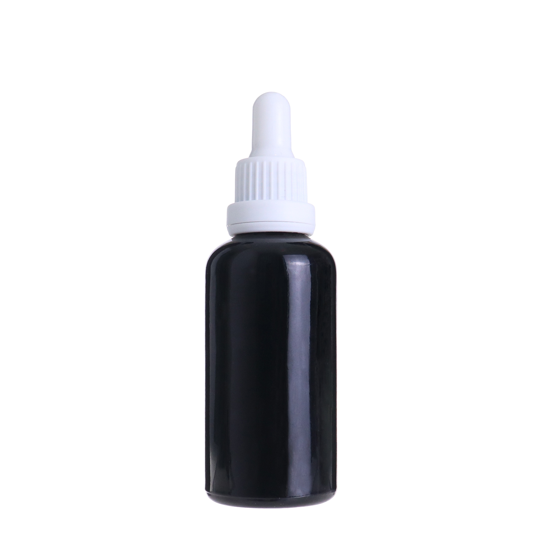 Cheap low Moq empty 50ml bright black glass dropper bottle vial with 18-415 pipette cap