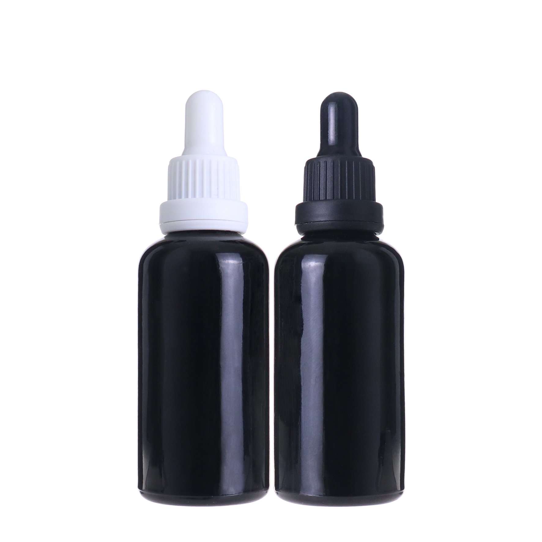 Cheap low Moq empty 50ml bright black glass dropper bottle vial with 18-415 pipette cap