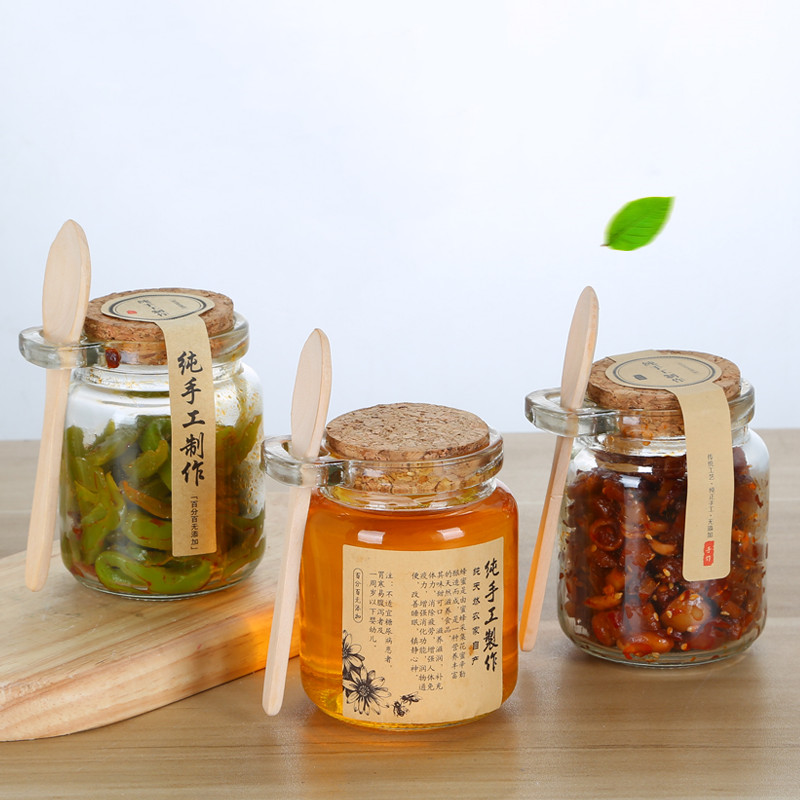 Cheap price 100ml 250ml clear glass pudding jar with cork and spoon