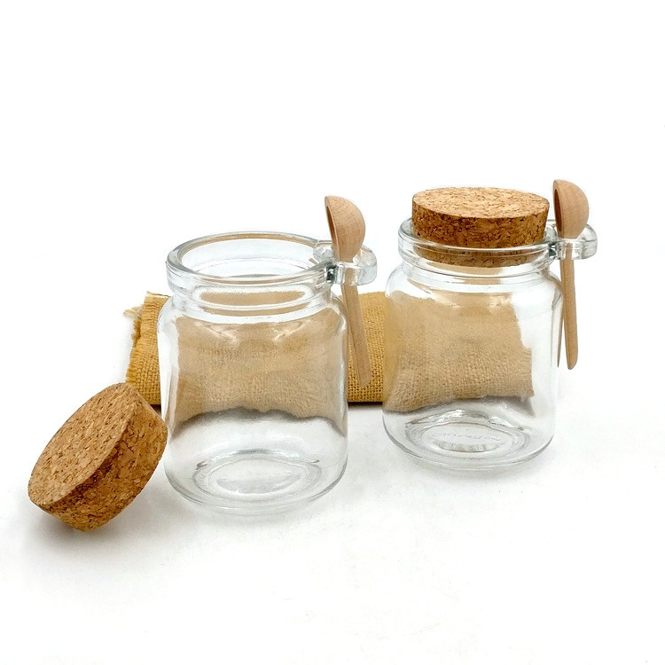 Cheap price 100ml 250ml clear glass pudding jar with cork and spoon