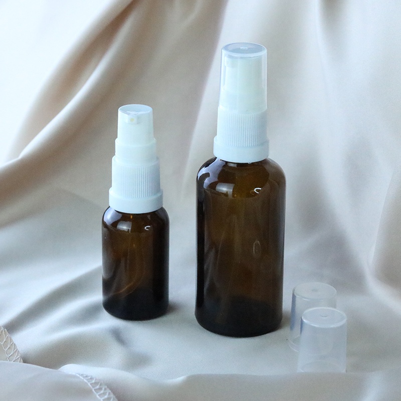 Cheap price 30ml 1oz amber cosmetic serum glass bottle with treatment pump (GRA09)