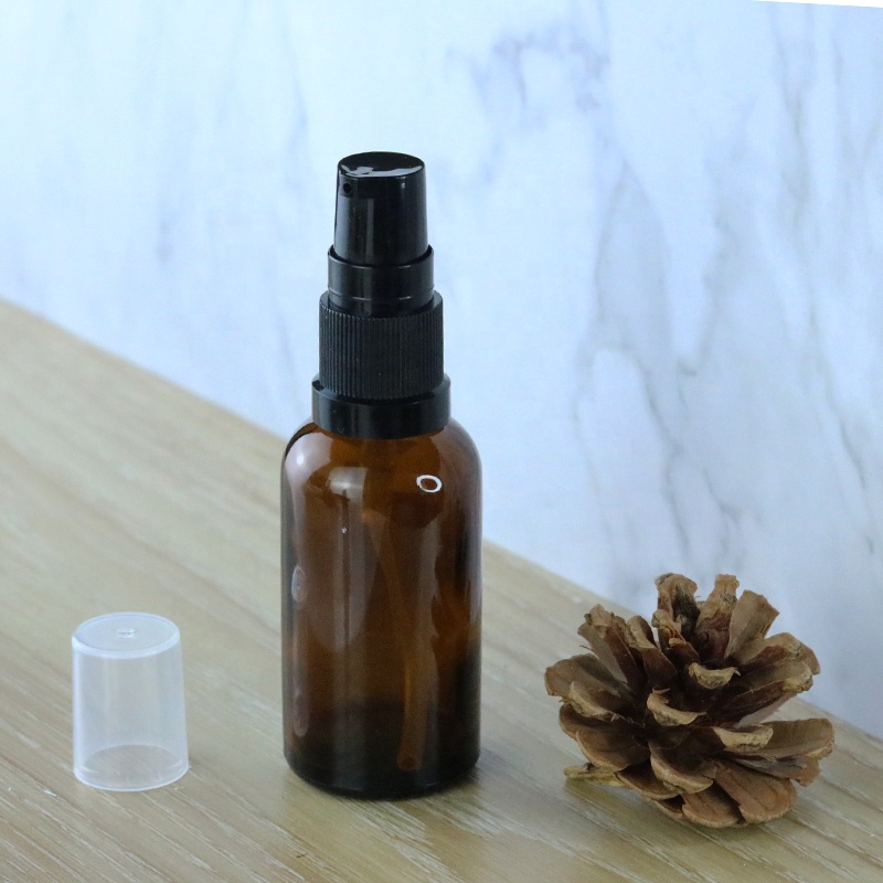 Cheap price 30ml 1oz amber cosmetic serum glass bottle with treatment pump (GRA09)
