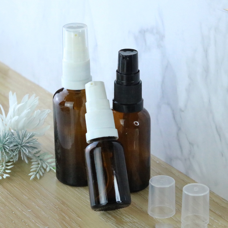 Cheap price 30ml 1oz amber cosmetic serum glass bottle with treatment pump (GRA09)