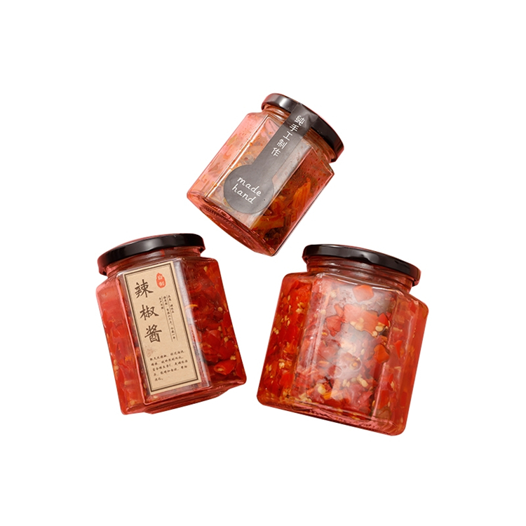 Cheap price 730ml 500ml 380ml 280ml 180ml hexagonal glass storage jar with metal lids wholesale