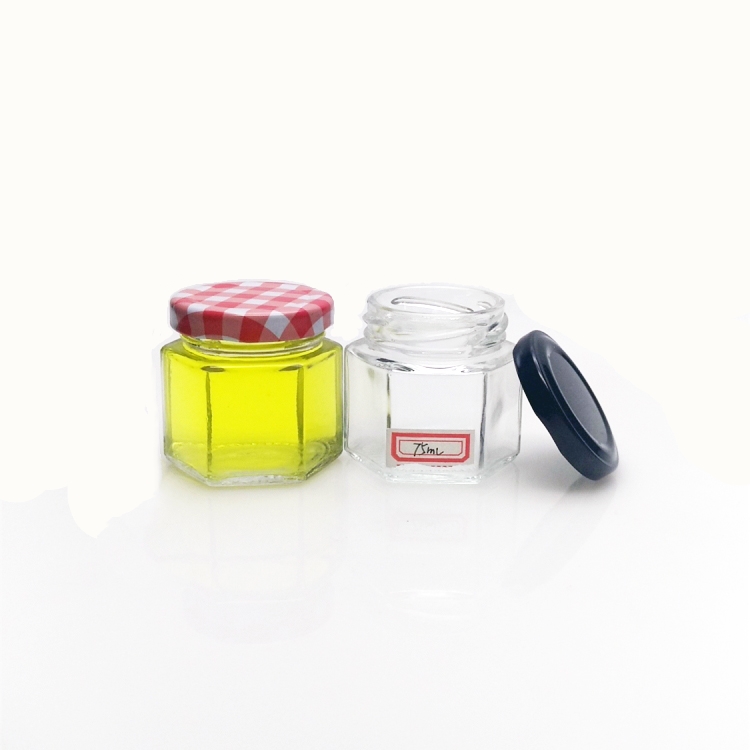 Cheap price 75ml hexagonal mini glass jam honey jar with metal lid