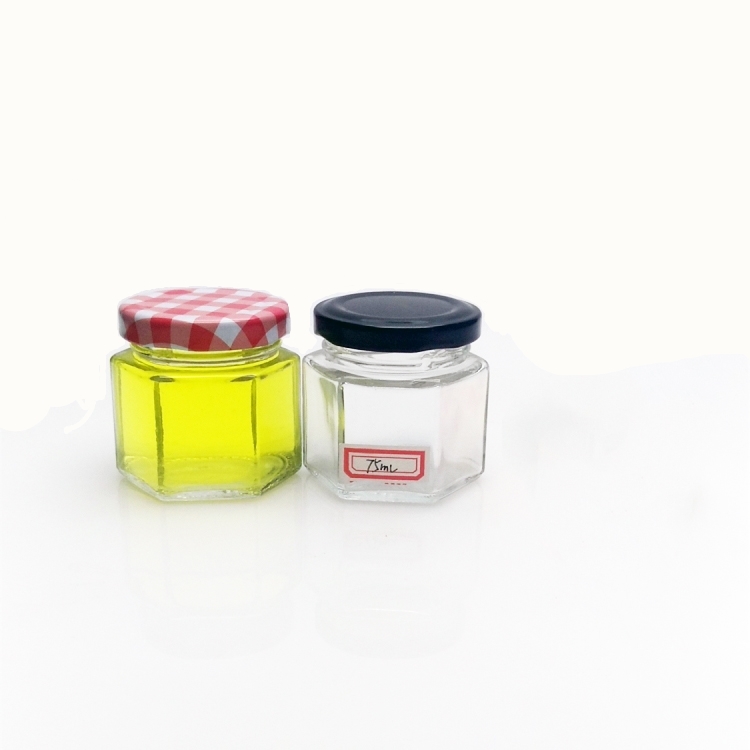 Cheap price 75ml hexagonal mini glass jam honey jar with metal lid