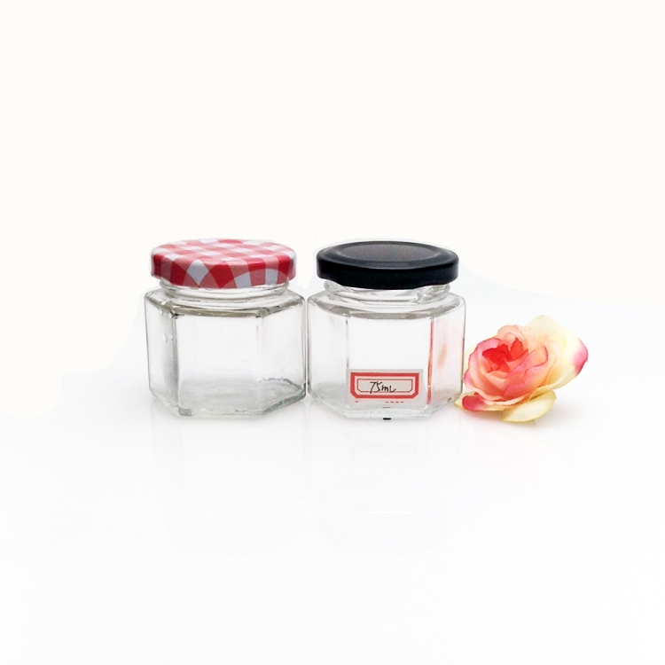 Cheap price 75ml hexagonal mini glass jam honey jar with metal lid