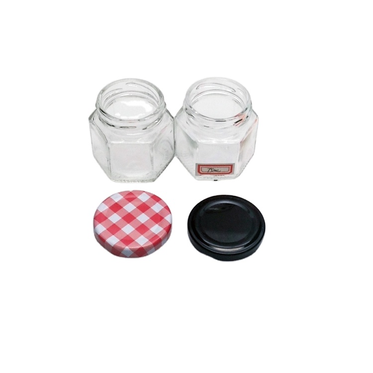 Cheap price 75ml hexagonal mini glass jam honey jar with metal lid