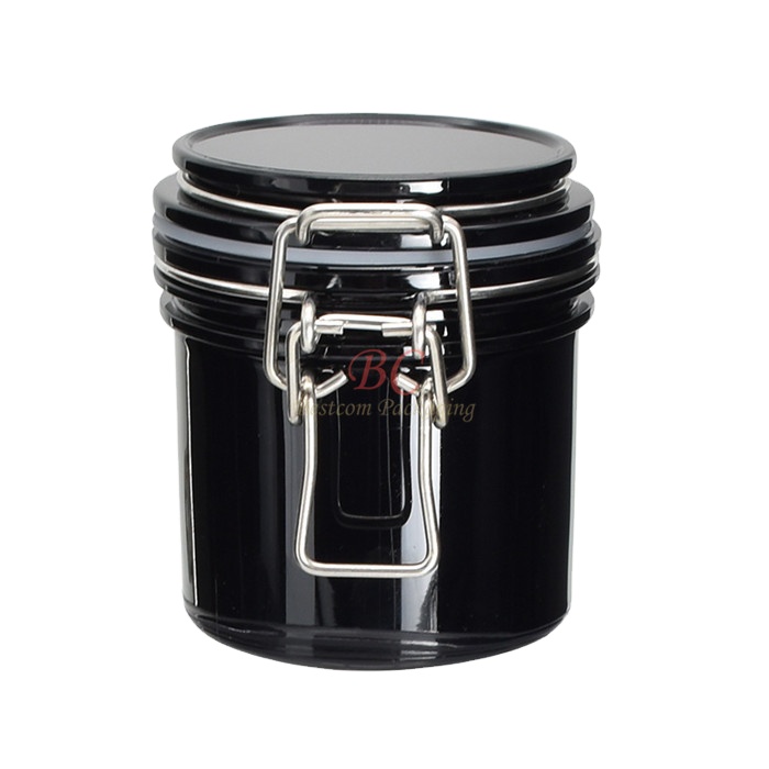 Cheap stainless steel clamp hinged thick wall amber color 100ml 200ml 250ml 500ml plastic container airtight seal jar with lid