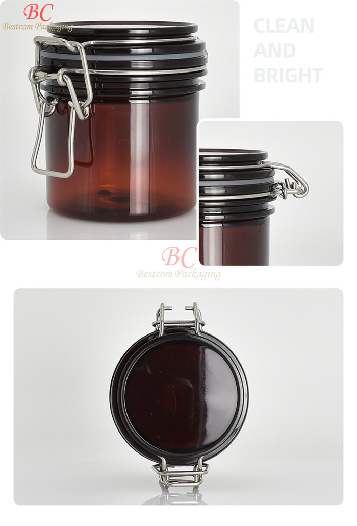 Cheap stainless steel clamp hinged thick wall amber color 100ml 200ml 250ml 500ml plastic container airtight seal jar with lid