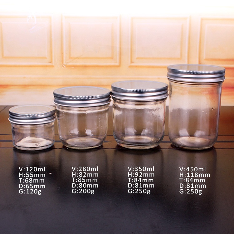 Cheap wide mouth 4oz 120ml 280ml 350ml 450ml canning caviar jam glass mason jar with metal lid