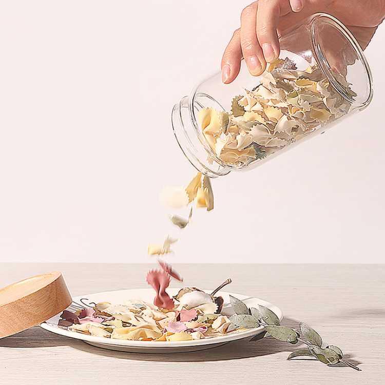 Child proof clear home storage glass jar with screw wood lid