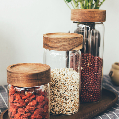 Child proof clear home storage glass jar with screw wood lid