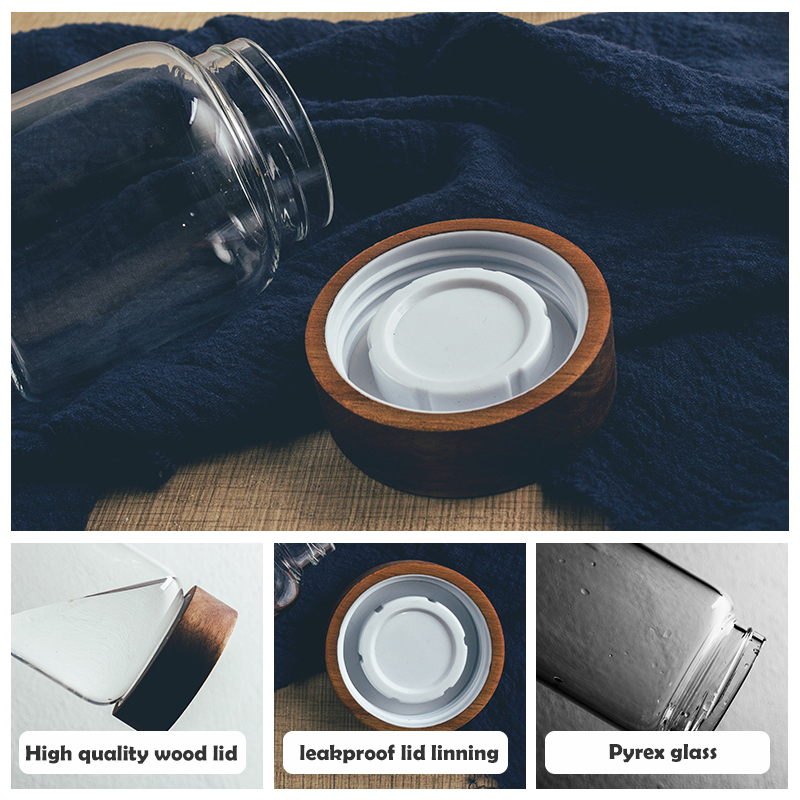 Child proof clear home storage glass jar with screw wood lid