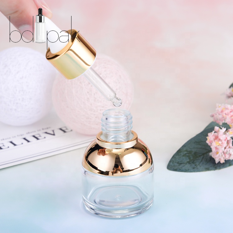 China BDPAK Cosmetic Mini Clear Empty Dropper Glass Bottle 10ml With Golden Cap