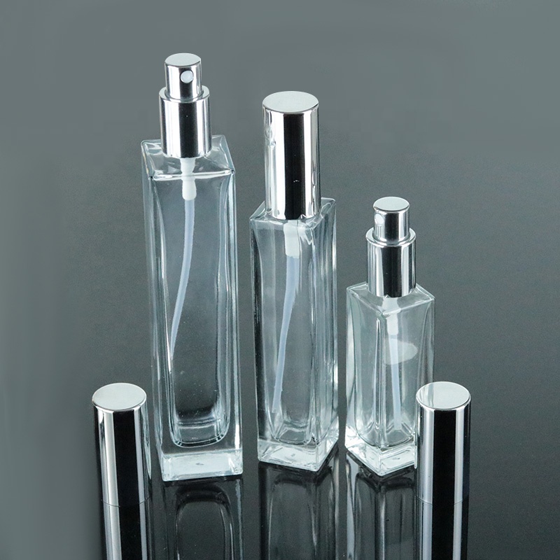 China Factory 30ml 50ml 100ml Clear Square Perfume Glass Bottle with Aluminum Gold Silver Spray (GSA21)