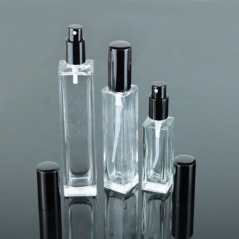 China Factory 30ml 50ml 100ml Clear Square Perfume Glass Bottle with Aluminum Gold Silver Spray (GSA21)