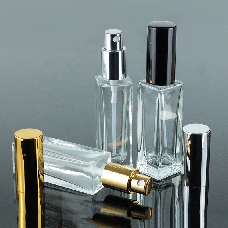 China Factory 30ml 50ml 100ml Clear Square Perfume Glass Bottle with Aluminum Gold Silver Spray (GSA21)