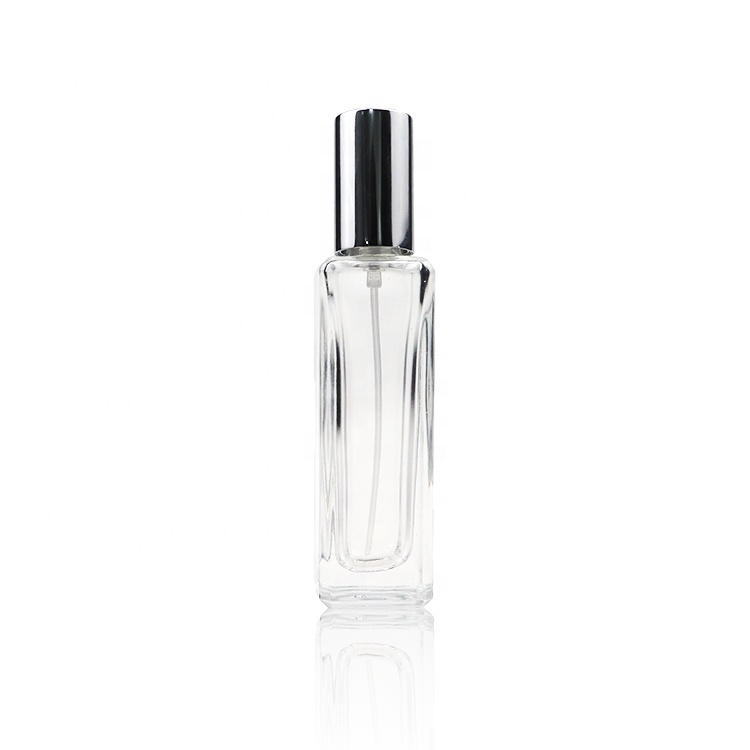 China Factory Wholesale 30ml Square High Clear Glass Crimp Spray Perfume Bottle