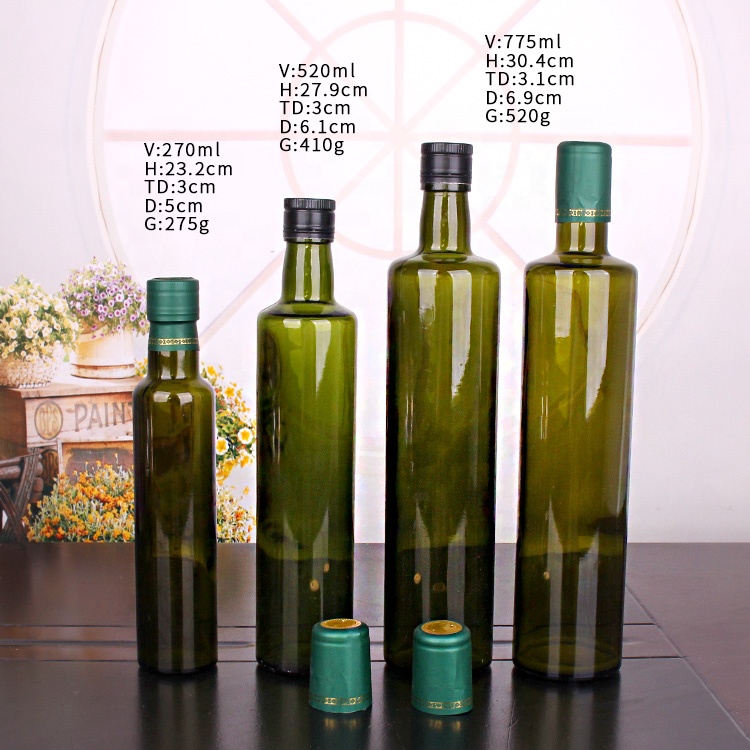 China Hot sale empty 250ml 500ml 750ml 1000ml Round Dark Green Glass Olive Oil Bottles with cap