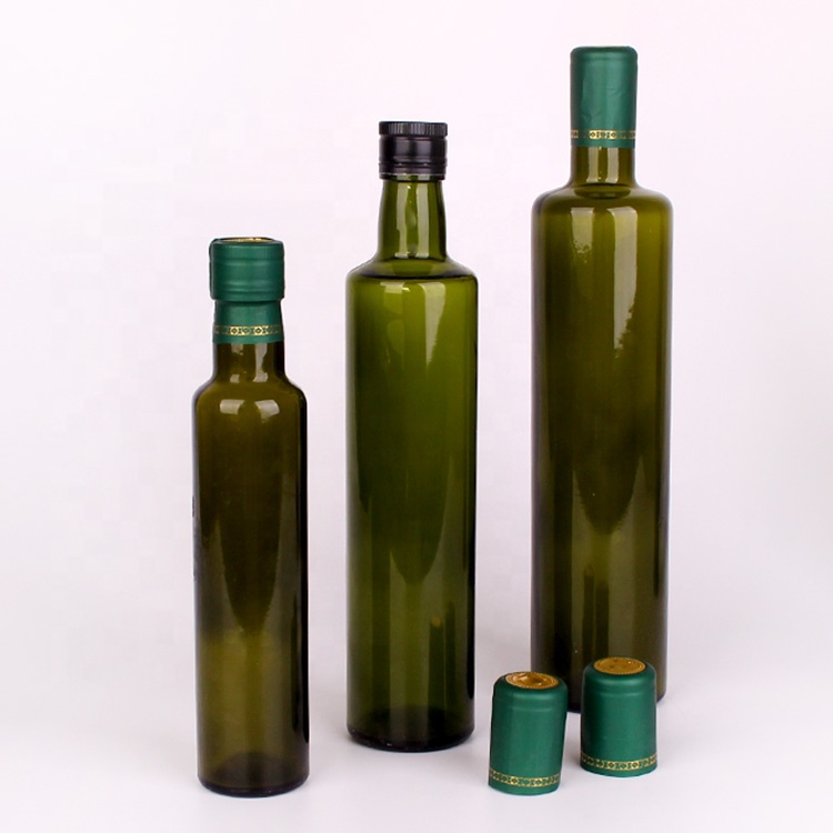 China Hot sale empty 250ml 500ml 750ml 1000ml Round Dark Green Glass Olive Oil Bottles with cap
