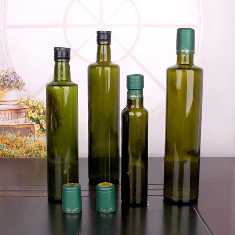 China Hot sale empty 250ml 500ml 750ml 1000ml Round Dark Green Glass Olive Oil Bottles with cap